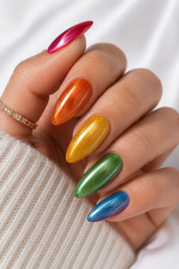 Shimmery skittle nails with rainbow velvet polish on each nail