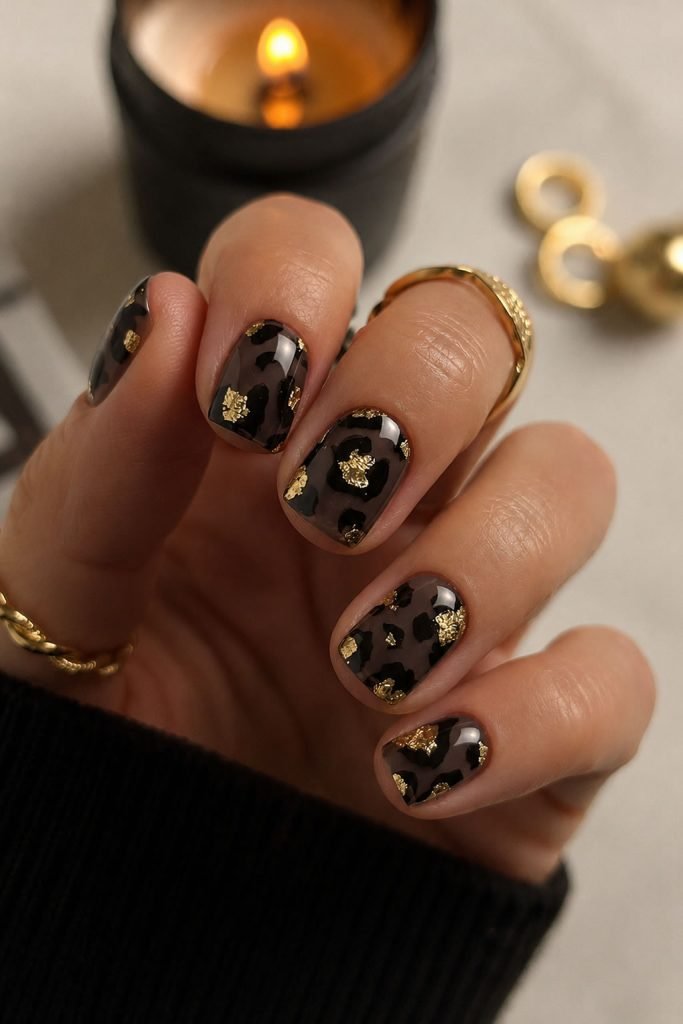Short black and gold foil nail designs with luxurious metallic flakes on glossy black polish
