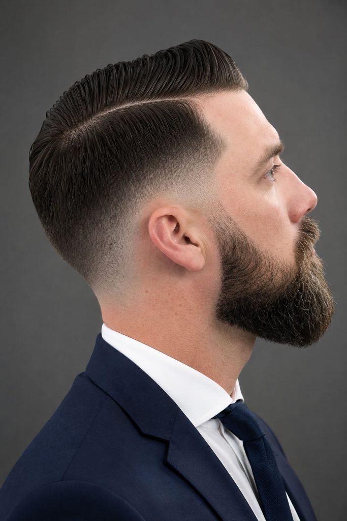 Side-part comb over low fade hairstyle for guys with a polished professional look