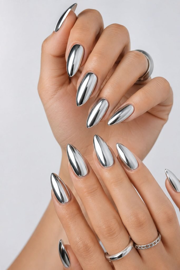 Silver chrome nails with reflective metallic finish and sleek shape