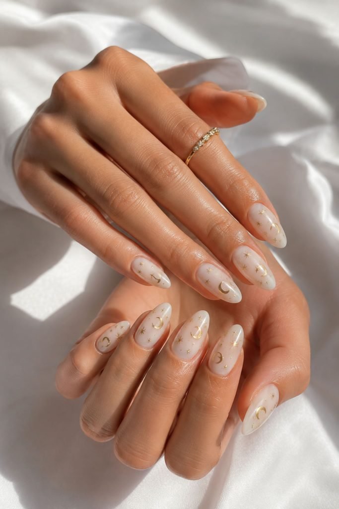 Simple celestial almond nail art with gold stars on milky white nails