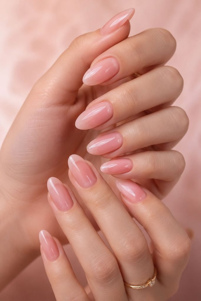Simple pink nails with glossy soft pink polish and elegant finish