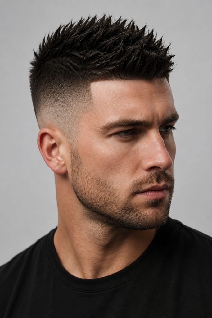 Spiked low fade hairstyle for men with textured spikes and a crisp line-up