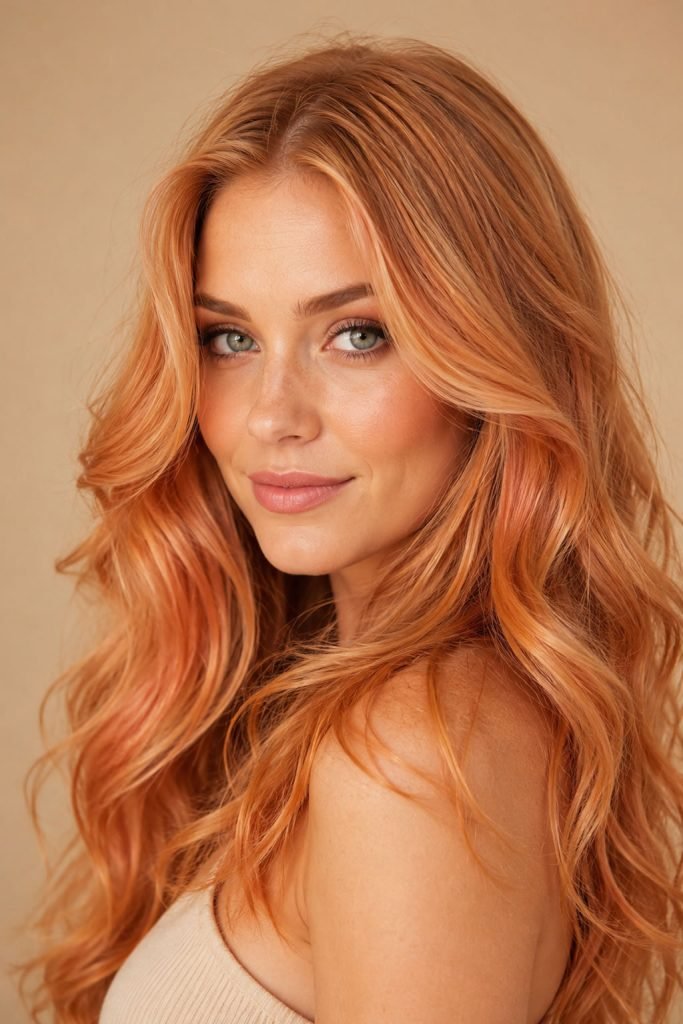 Strawberry fields hair color with red, auburn, and peach tones