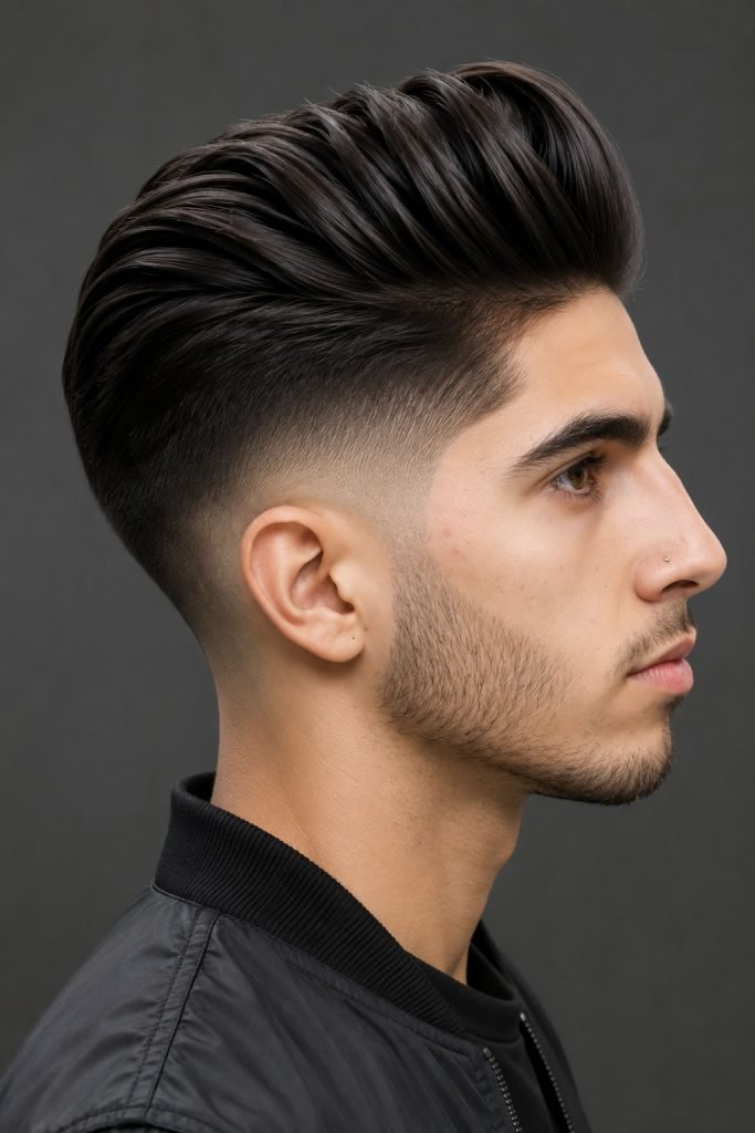 Swept-back pompadour with a low fade hairstyle for men and thick textured hair