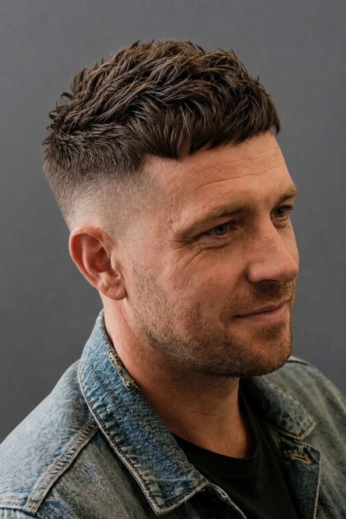 Textured crop low fade hairstyle for men with a choppy fringe and clean fade