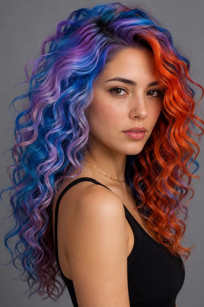 Truly tinted hair color in electric blue and lilac on curly hair