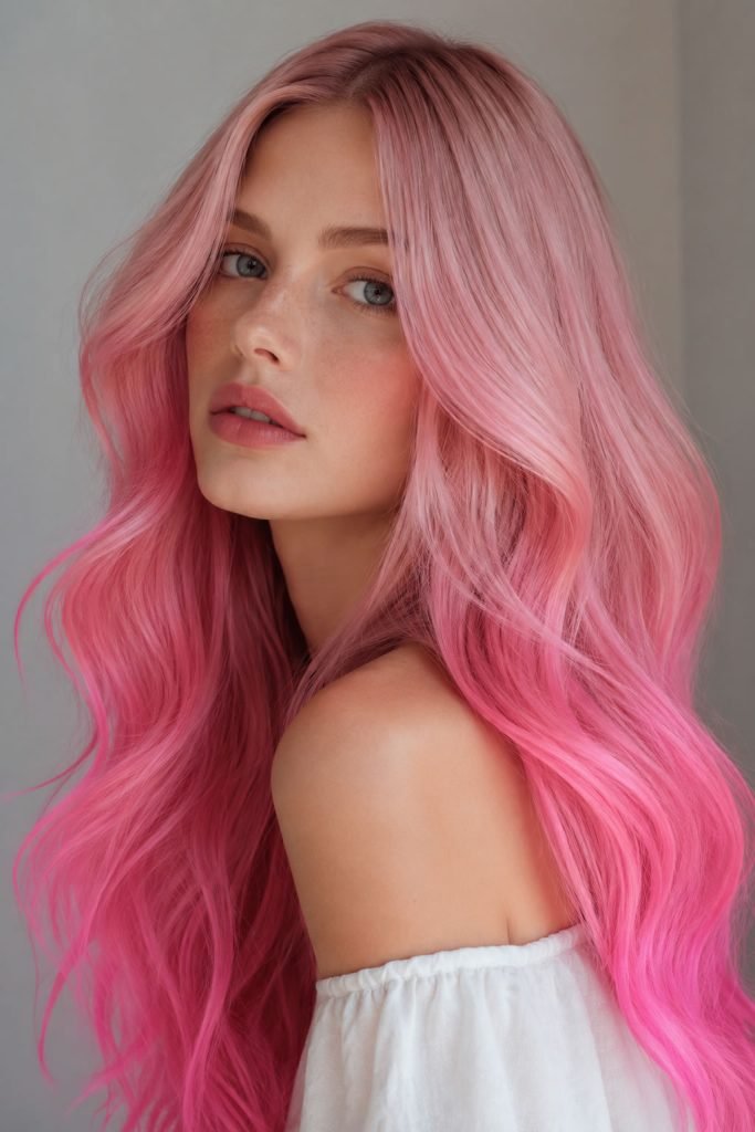 Woman with pretty in pink hair color, soft rose to bubblegum pink shade