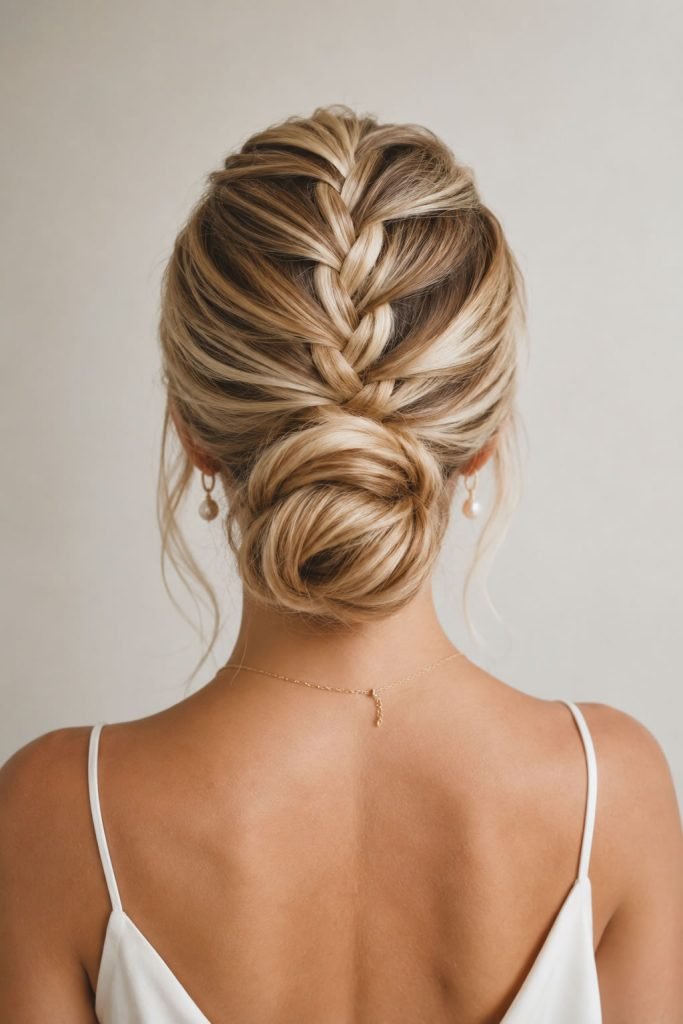 center French braid into low bun hairstyle