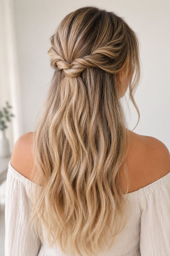 half up half down hairstyle with twisted sections