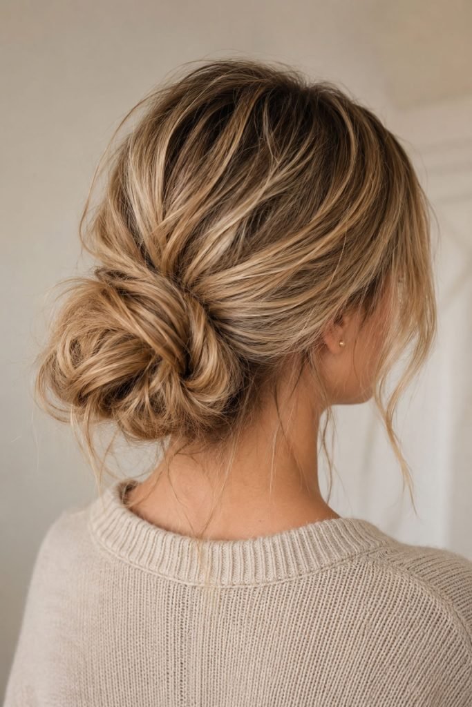 messy knot bun hairstyle for long hair