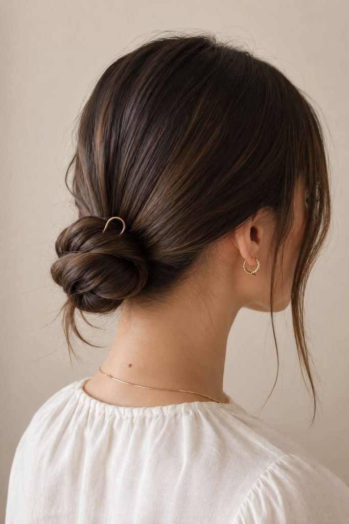 minimalist low bun secured with U pin