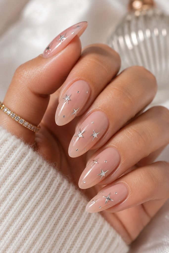 nails with metallic star designs on a neutral glossy manicure
