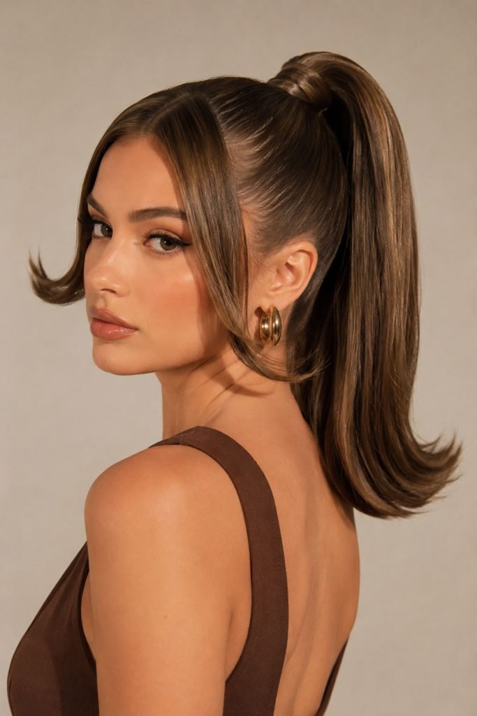 retro flicky ponytail hairstyle, 90s inspired