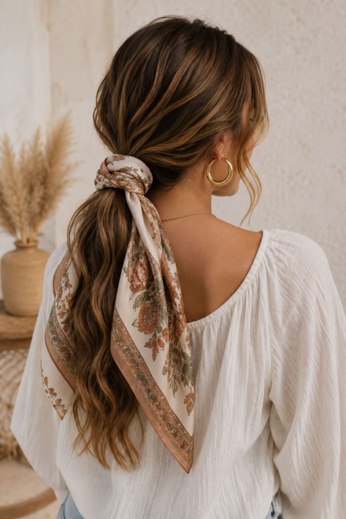 scarf-wrapped ponytail hairstyle for long hair