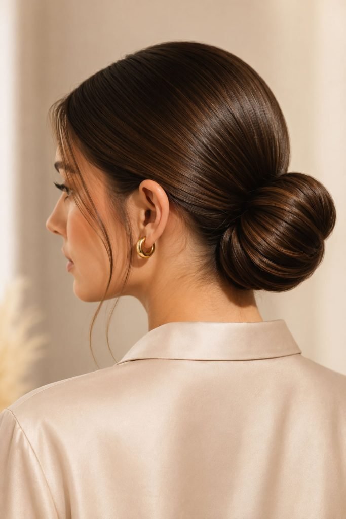 sleek chignon updo on long straight hair