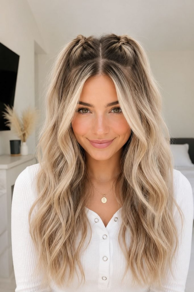 topsy tail hairstyle at the crown for half up half down look