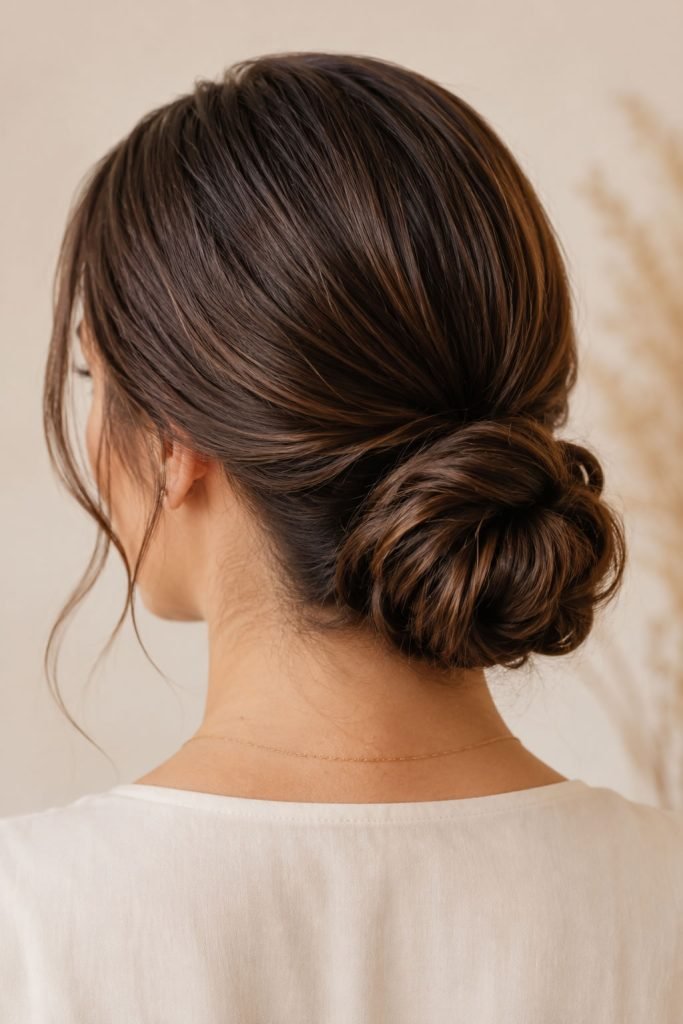woman wearing a low bun hairstyle on long hair