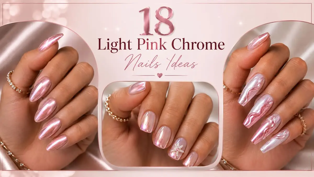 18 Light pink chrome nails ideas with glossy almond shape and luminous metallic finish