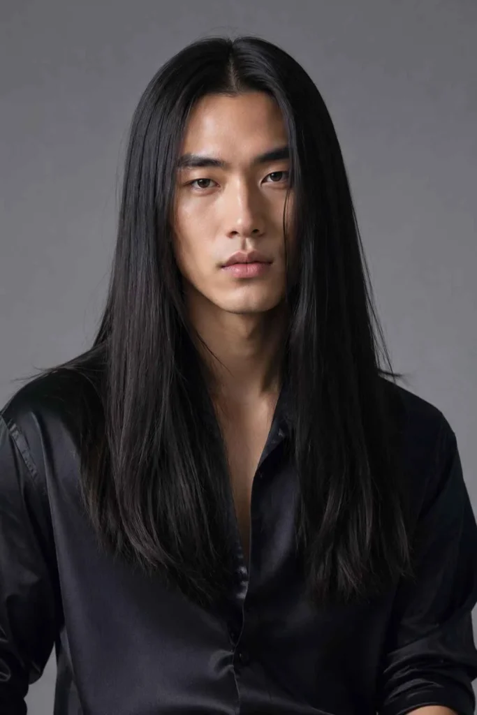 Long straight men's hairstyle with a precise center part