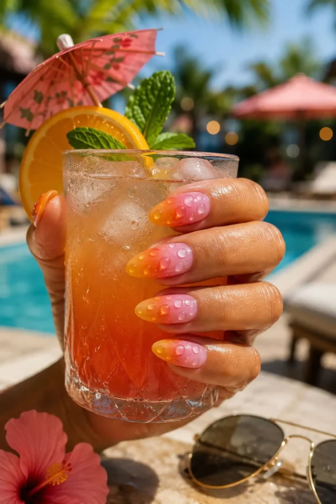21st birthday nails with orange pink jelly ombre and cocktail glass droplets