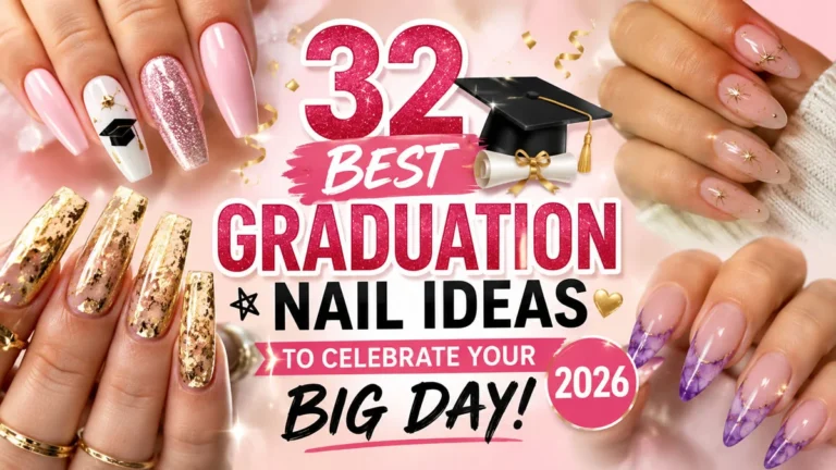32 best graduation nail ideas featuring elegant pink, white, gold and rhinestone nail designs for 2026