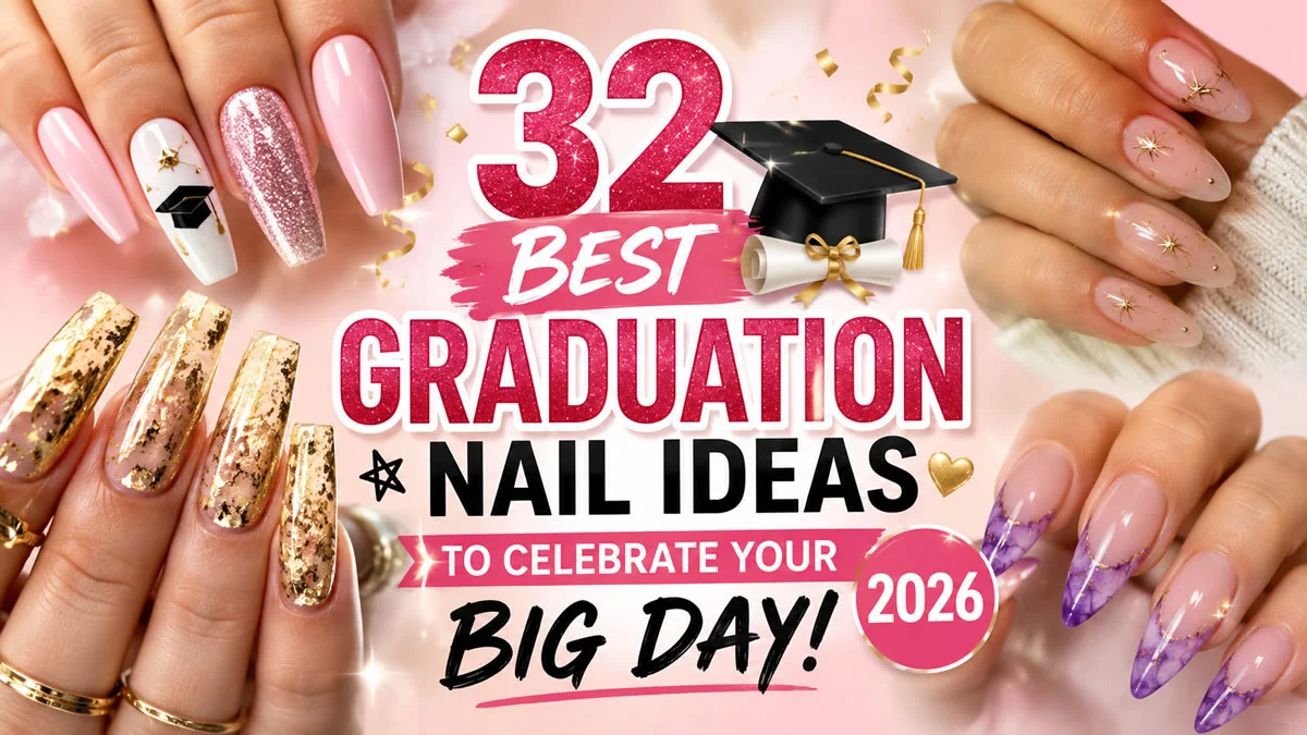 32 best graduation nail ideas featuring elegant pink, white, gold and rhinestone nail designs for 2026