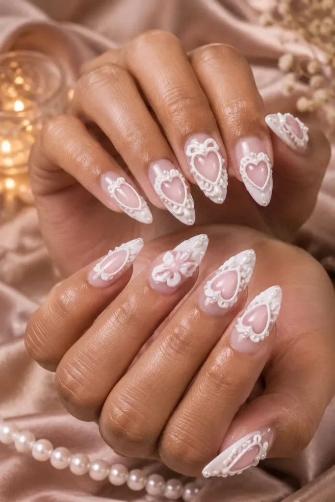 3D Lambeth heart cake birthday nails with pink and white cake details