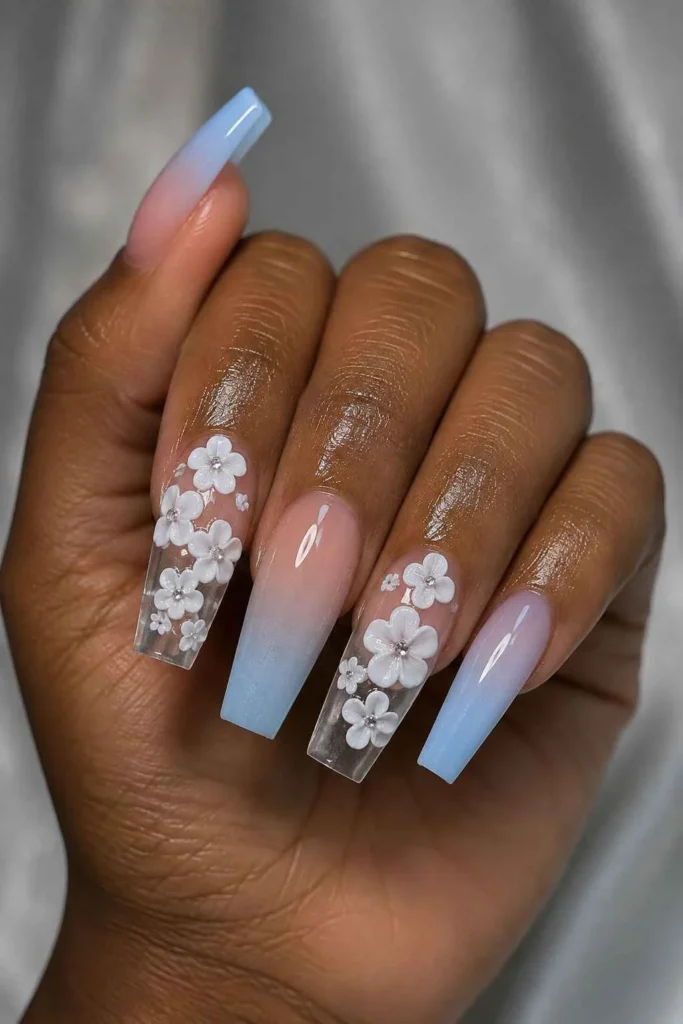 3D floral coffin nails with white flowers and powder blue ombre