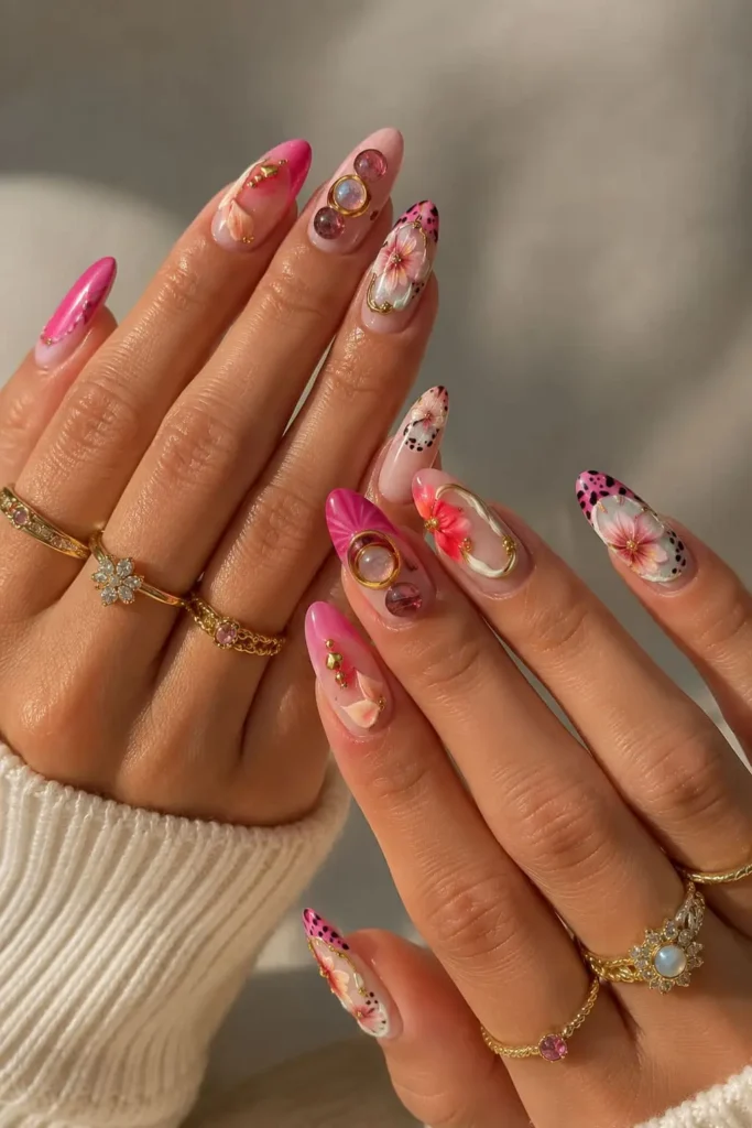 3D seashell gel nails with pearl details and a sophisticated beach vacation style
