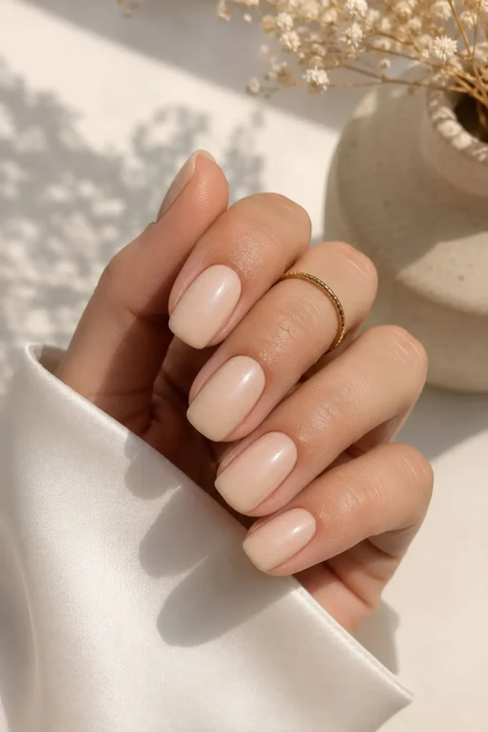 Airy linen nude nails in a creamy warm off-white neutral shade
