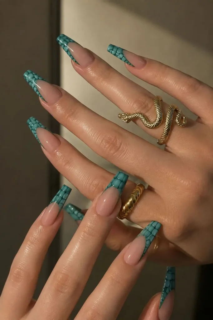 Aqua crocodile print coffin nails with glossy textured details