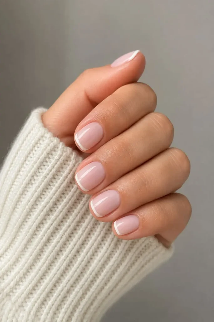 Baby French Tips nails with thin white tips and glossy pink base