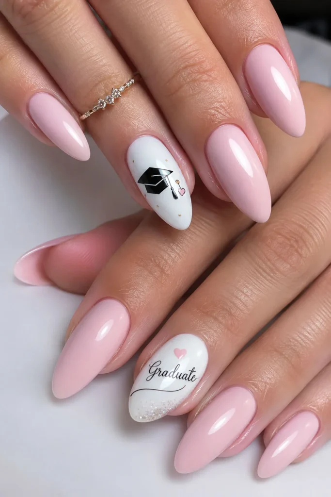 Baby pink graduation nails with a subtle black graduation cap accent