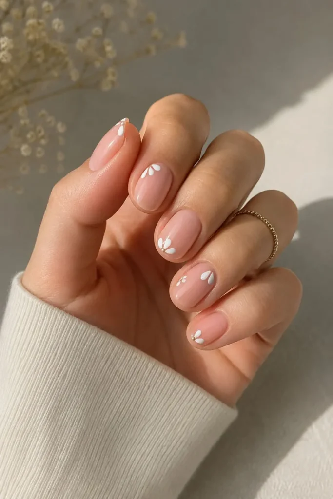 Barely-there nude floral nails with tiny white flowers and subtle pearl accents