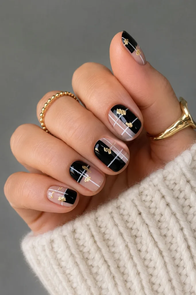 Black and Natural Grid Nails with Gold Foil