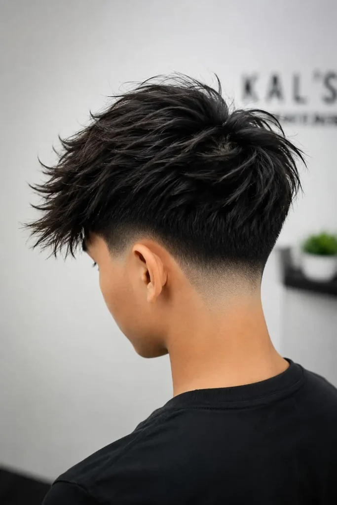 Blowout taper fade with rounded voluminous top for men