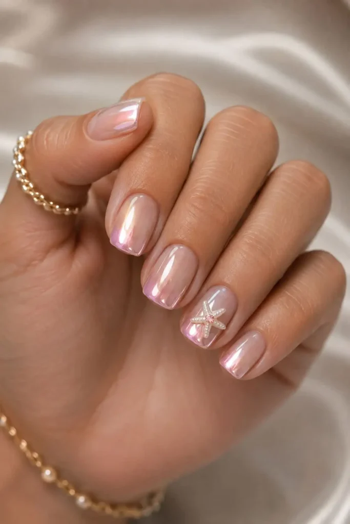 Blush Dunes short squoval pink chrome nails with a tiny starfish accent