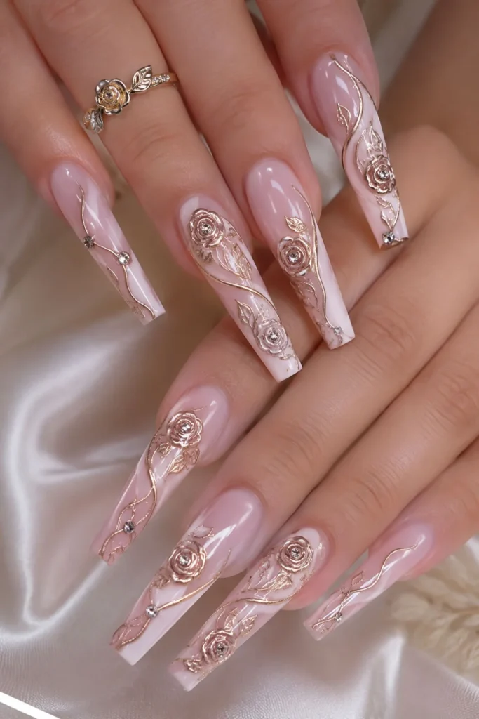 Blush Pink Coffin Nails with Gold Rose Swirls