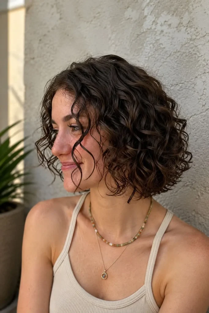 Bouncy short ringlet bob with natural curls for women over 30