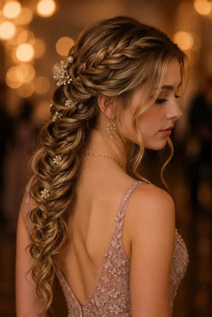 Braided prom hairstyle with a romantic crown and fishtail braid