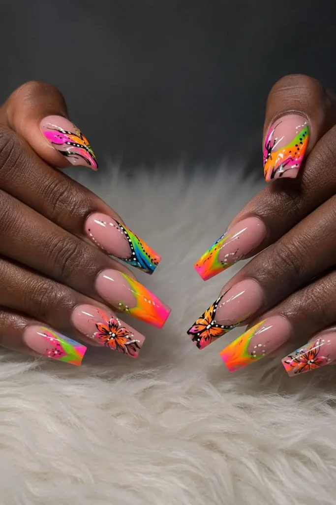 Bright neon explosion coffin nails with colorful artistic details