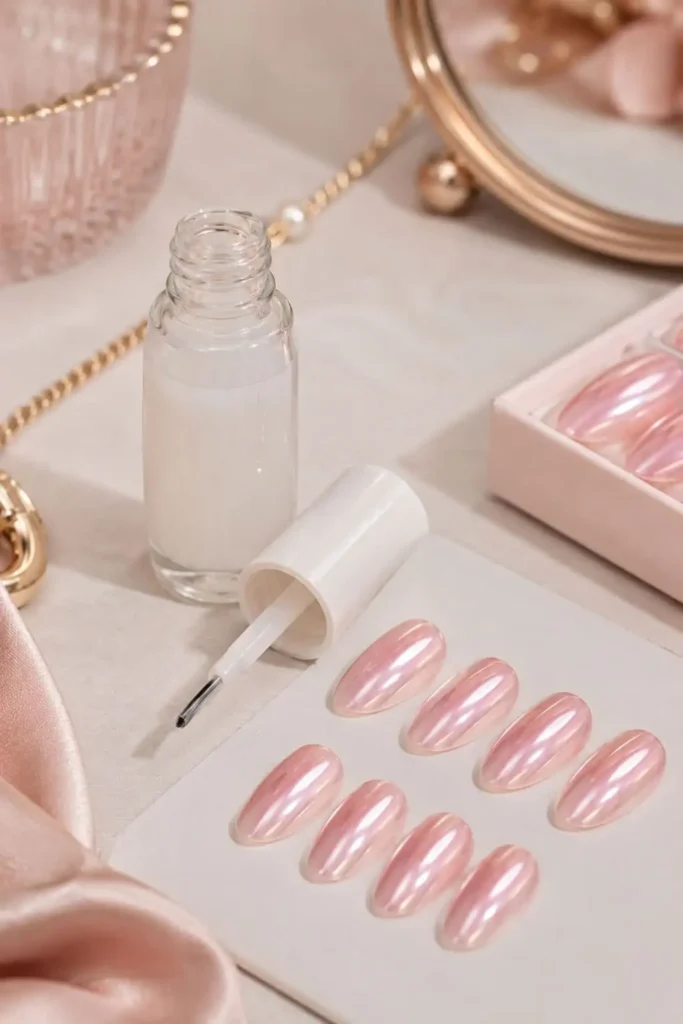 Brush-on nail glue with light pink chrome press-on nails for easy application