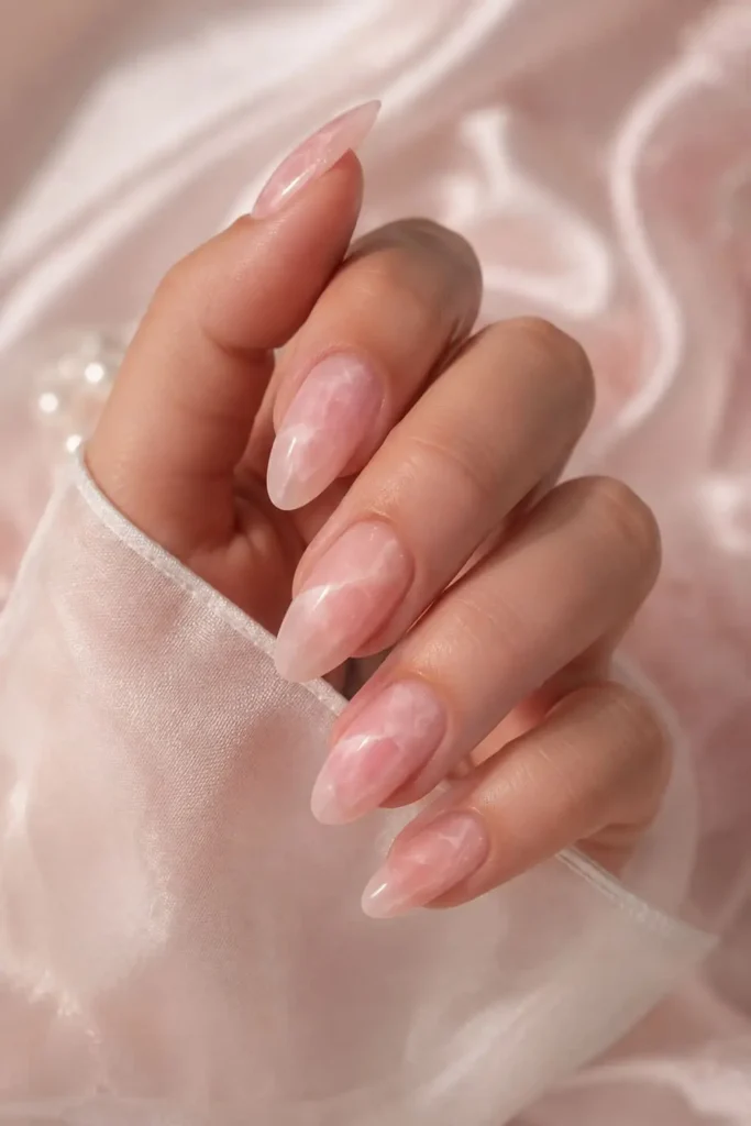 Bubble Bath Rose quartz nails with translucent pink marble veining