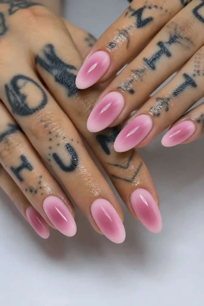 Bubble Bath aura nails with soft pink to mauve glowing gradient