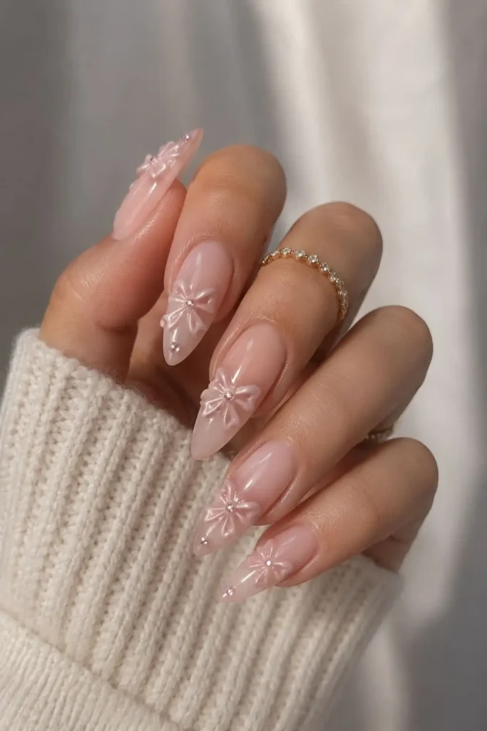 Bubble Bath bow nails with delicate 3D ribbon and gemstone accents