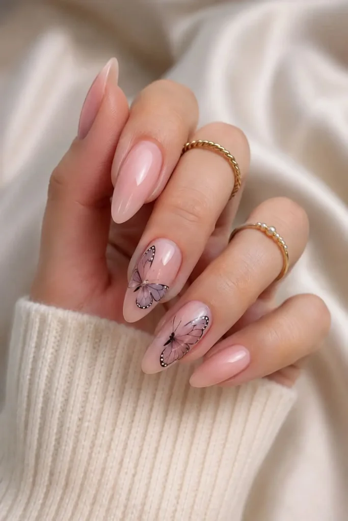 Bubble Bath butterfly nails with delicate translucent butterfly accents