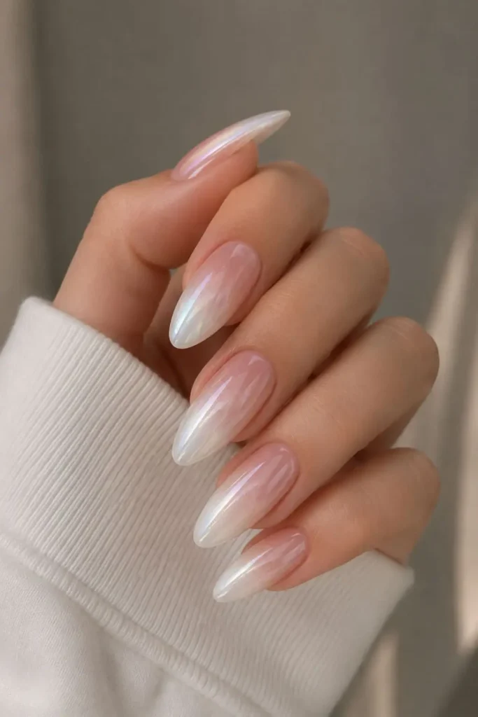 Bubble Bath chrome ombre nails fading from soft pink to glossy white