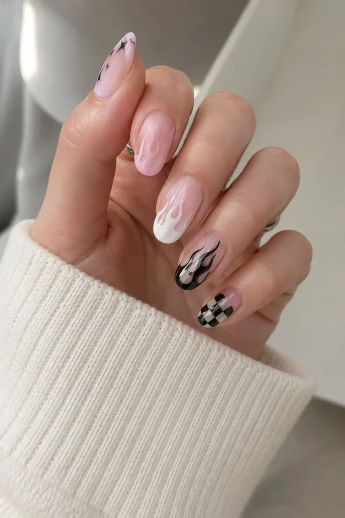 Bubble Bath fire flame nails with delicate Y2K-inspired fire tip designs