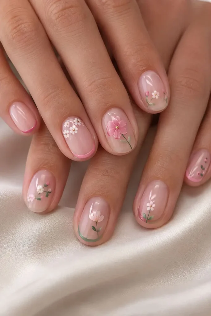 Bubble Bath floral nails with delicate flowers and colorful French tips